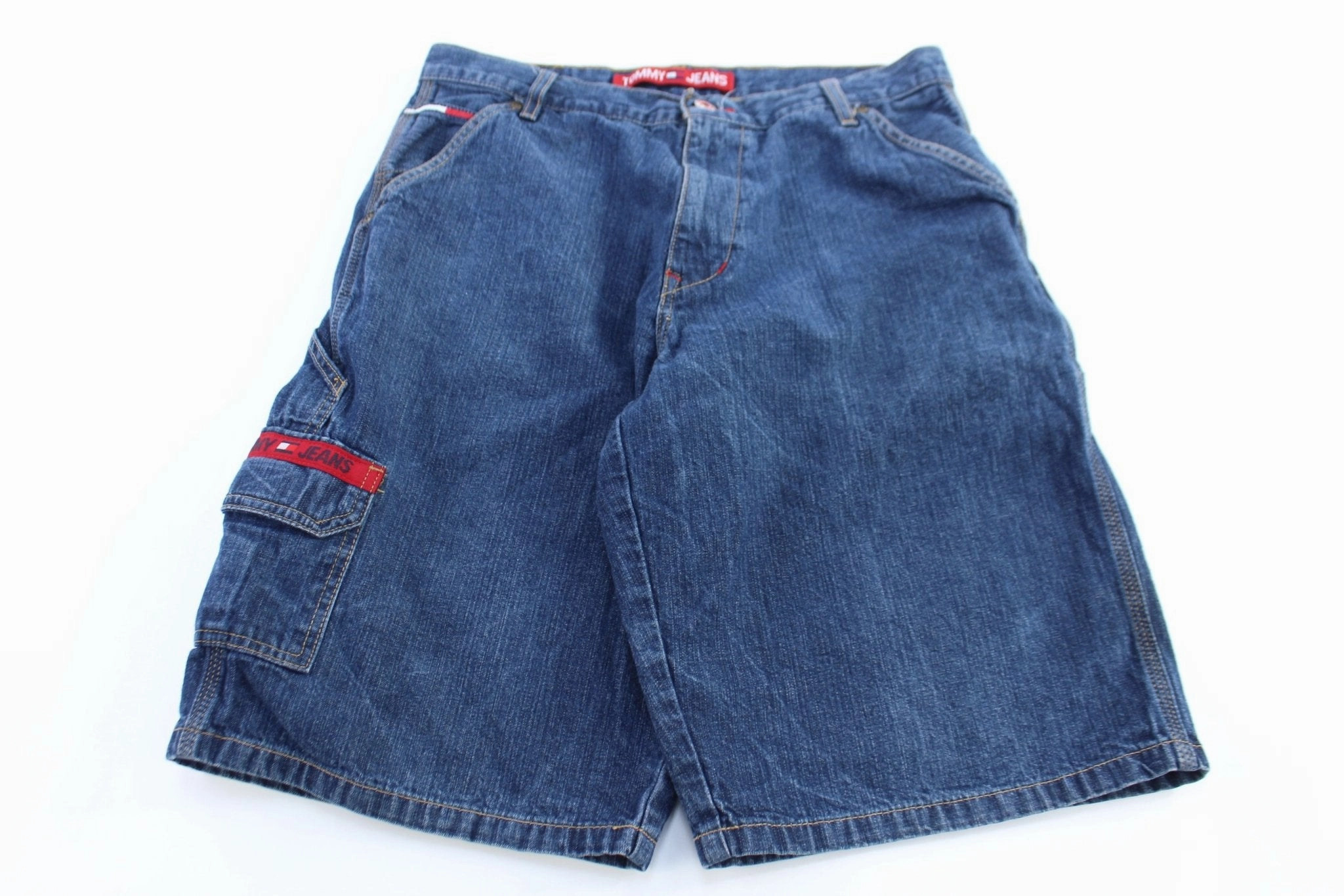 Y2K Tommy Hilfiger Logo Patch Dark Denim Shorts Cropped hem