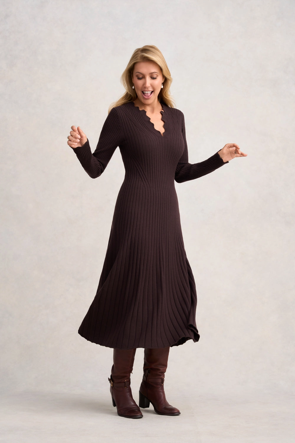 Graduated Rib Wool Dress - Chocolate Elegant formal outfit
