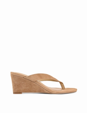 Block Heel Charlize Thong Wedges - Camel Tan Suede