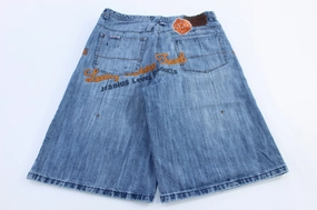 Y2K Akademikz Embroidered Light Wash Denim shorts Luxe Look Body Movement