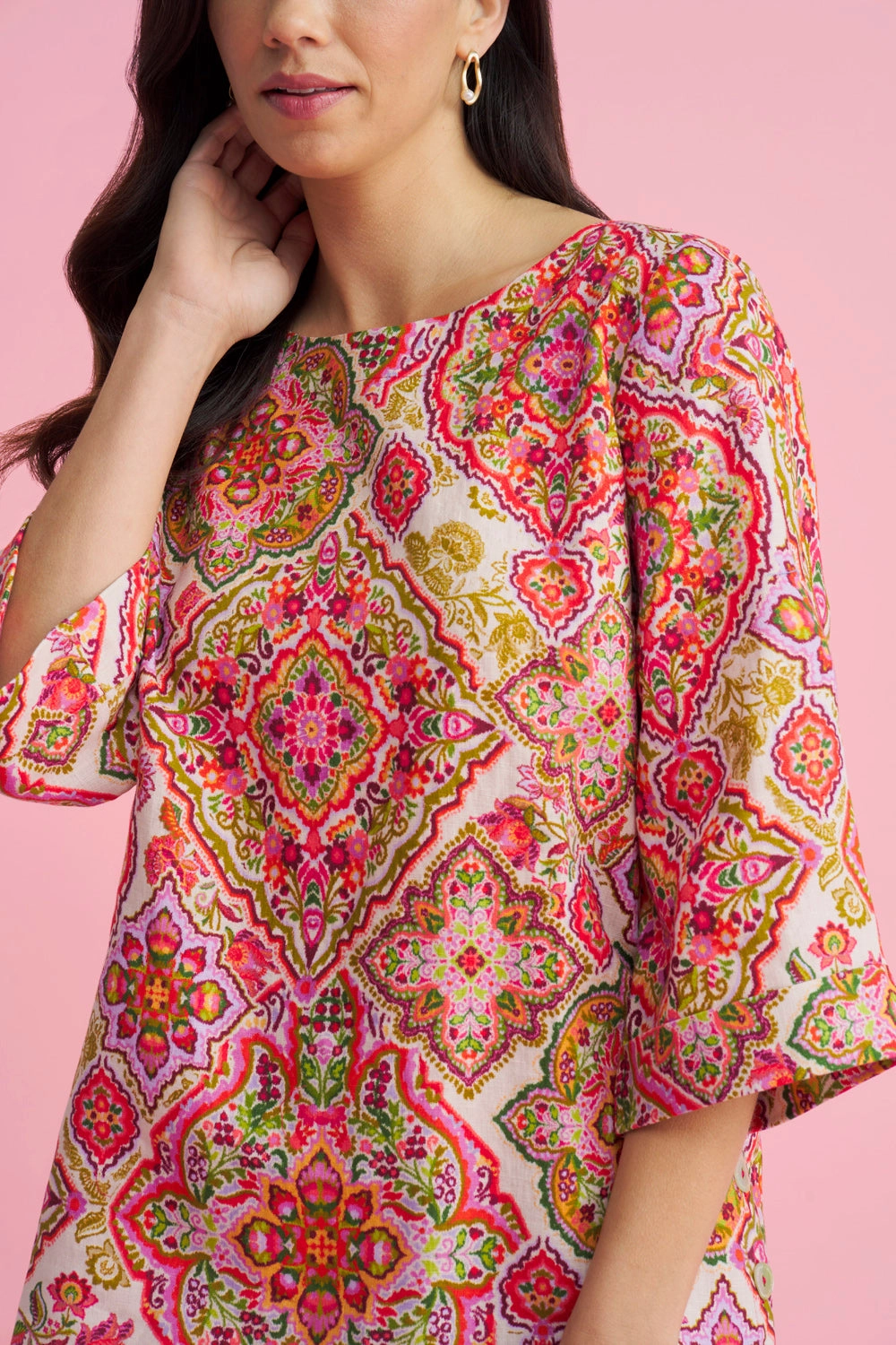 Hidden Zipper Pocket French Linen Button Detail Top - Pink Tile Print