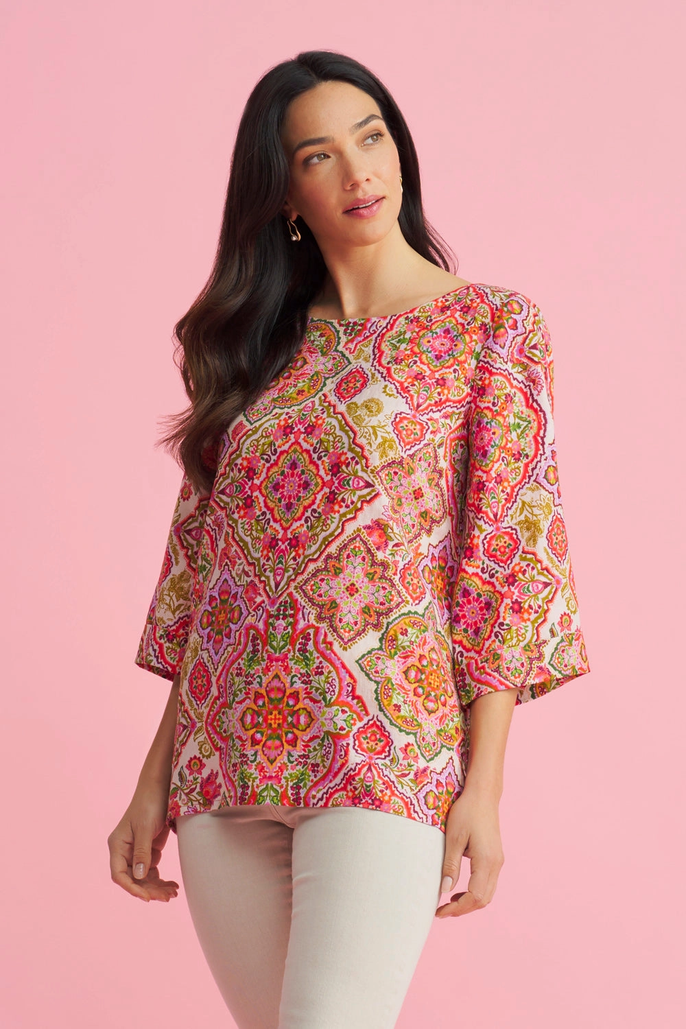 French Linen Button Detail Top - Pink Tile Print AntiPilling Technology NonIrritatingStitching