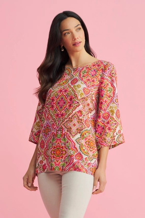 French Linen Button Detail Top - Pink Tile Print AntiPilling Technology NonIrritatingStitching