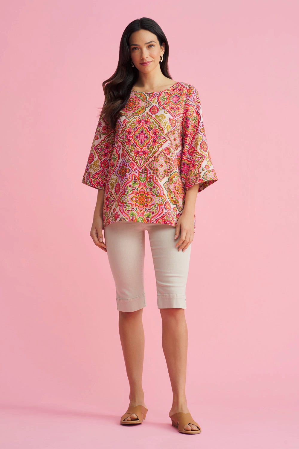 French Linen Button Detail Top - Pink Tile Print OdorResistant Fabric