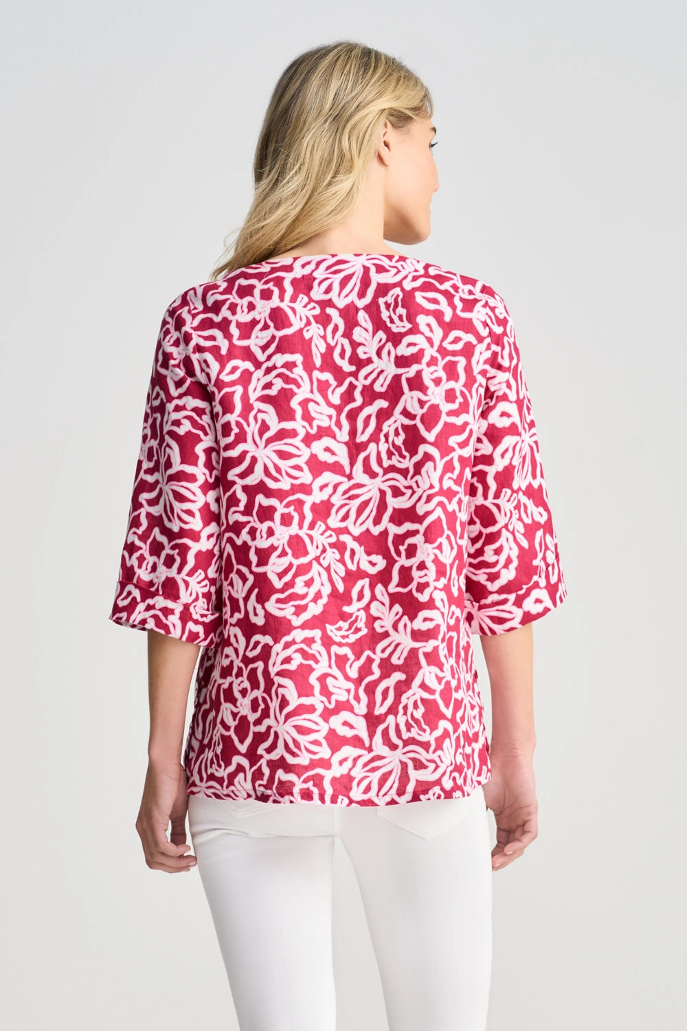 NonRestrictive Cut French Linen Button Detail Top - Pink White Floral