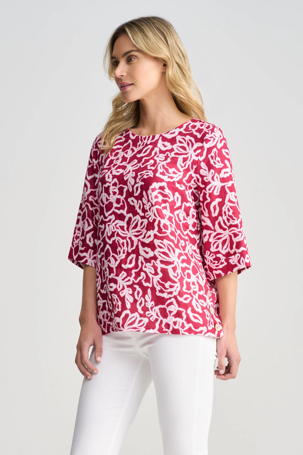 French Linen Button Detail Top - Pink White Floral DurableDoubleLayeredHem VersatileLayering