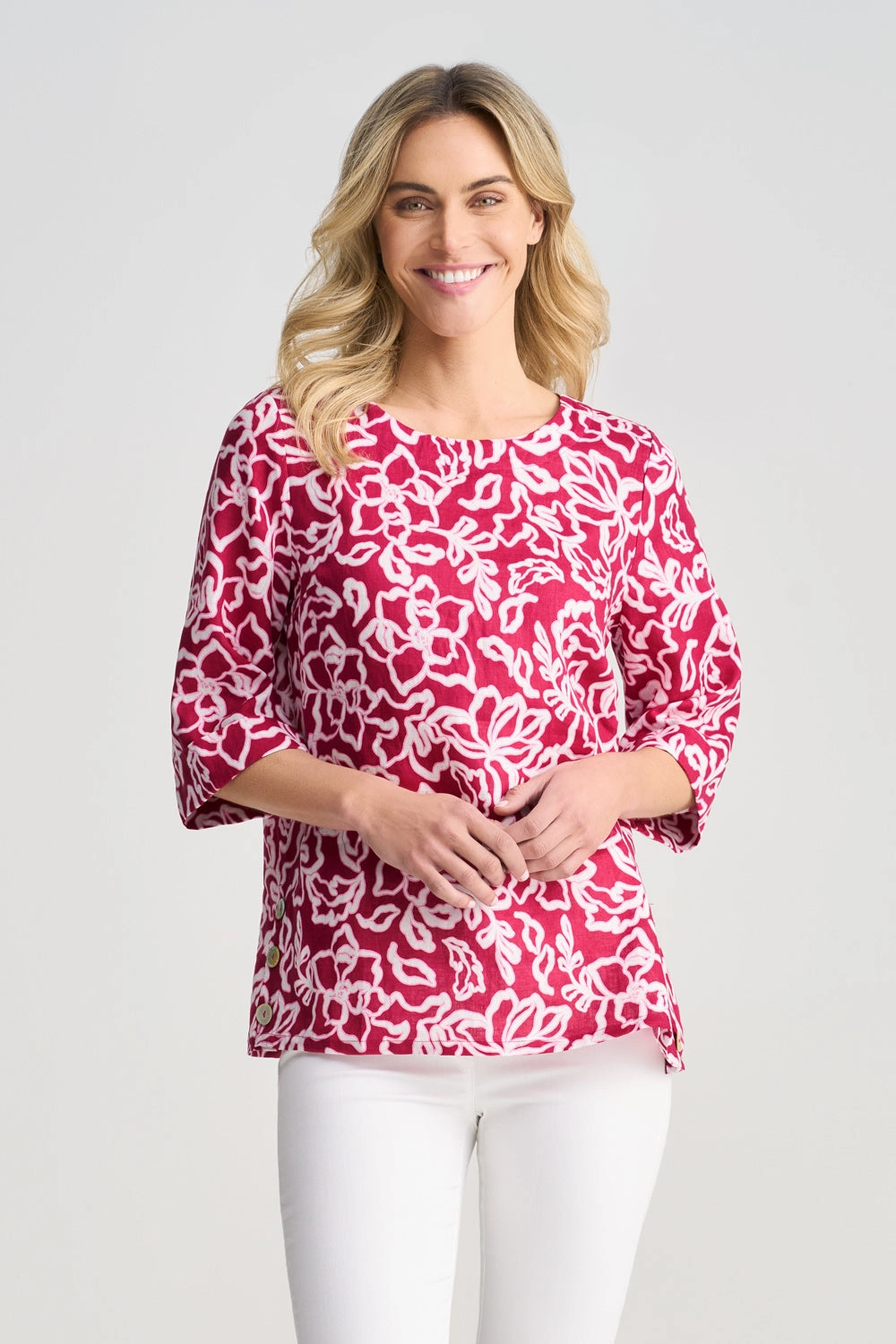 CroppedLength French Linen Button Detail Top - Pink White Floral