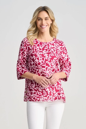 CroppedLength French Linen Button Detail Top - Pink White Floral