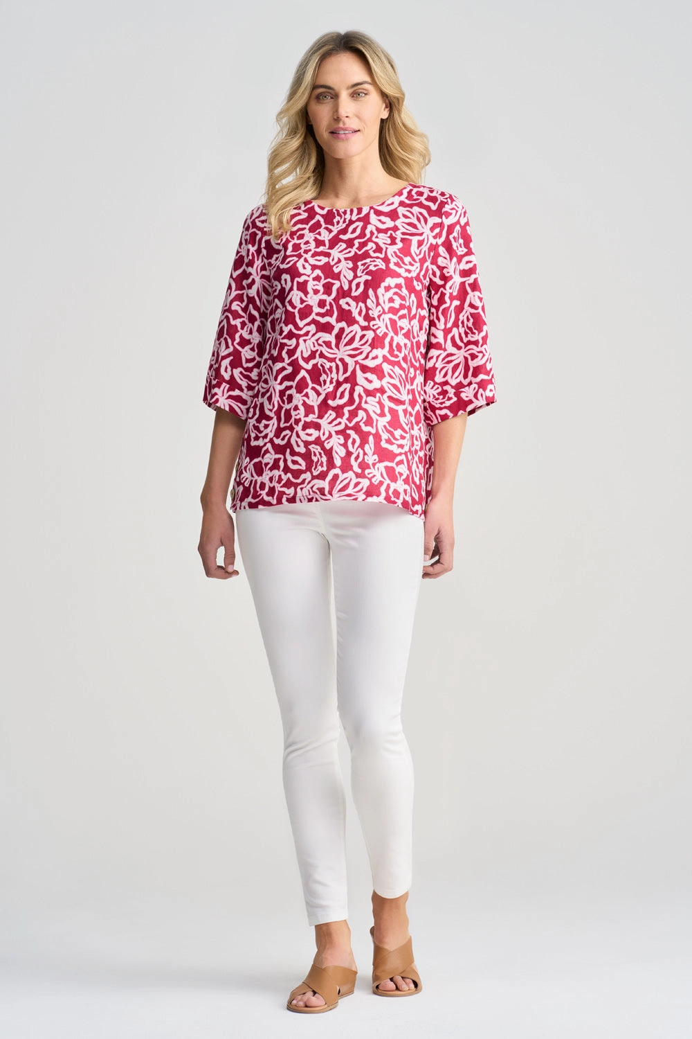 Thermal Regulation Technology AllDay Comfort Tech French Linen Button Detail Top - Pink White Floral