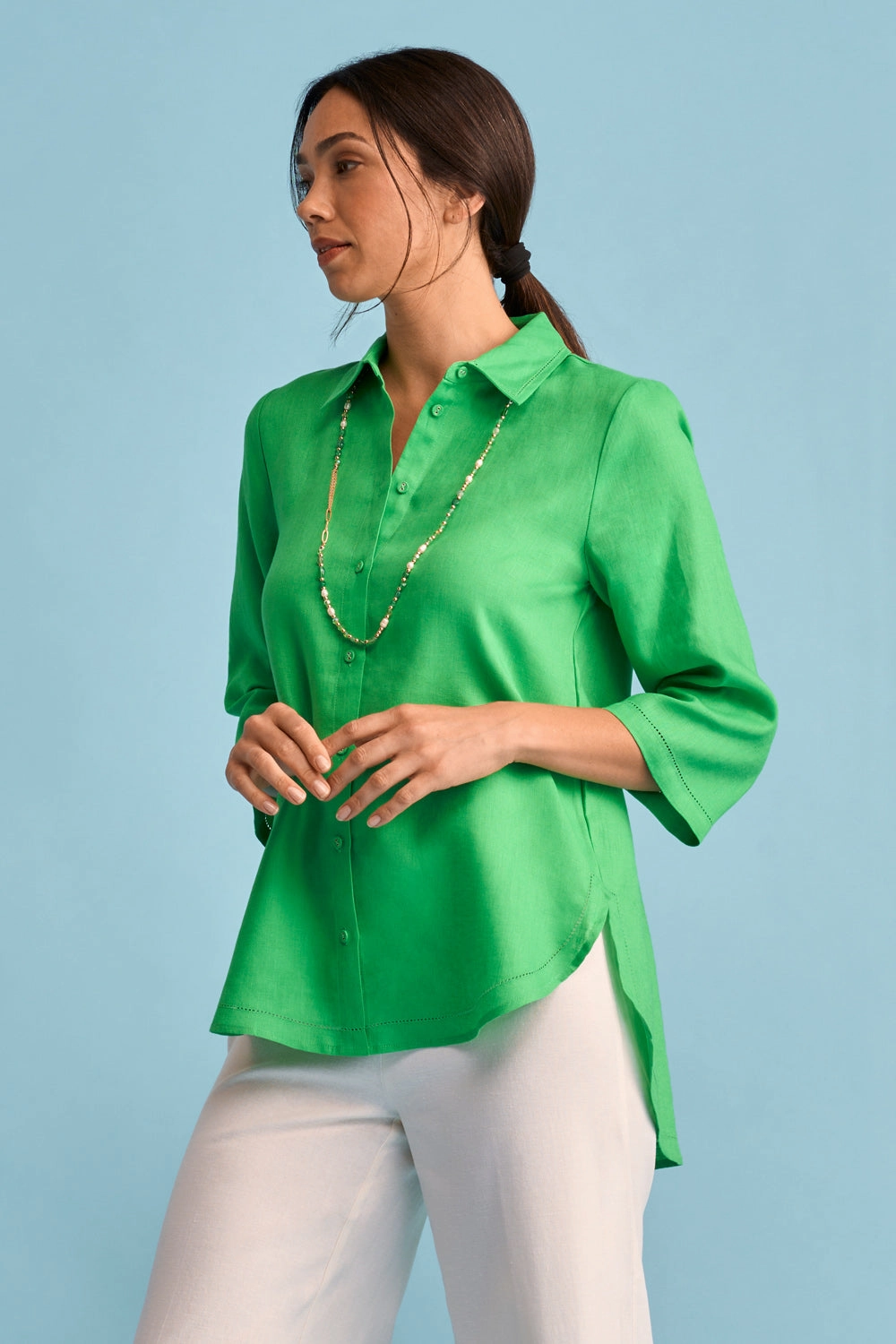 French Linen Shirt - Vibrant Green AthleisureInspired Wicking Inner Lining