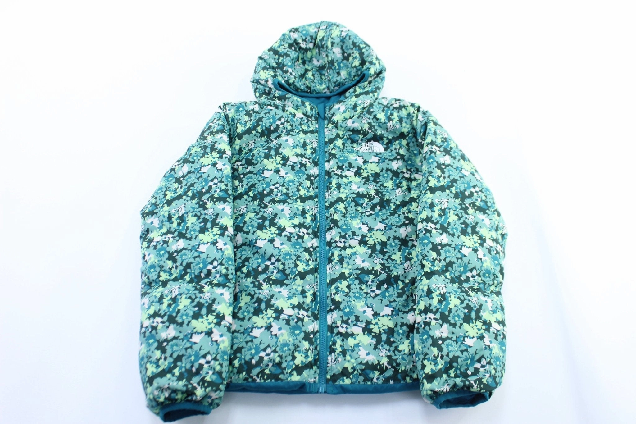 Layer Versatility Girls The North Face Teal & Floral Reversible Puffer Jacket