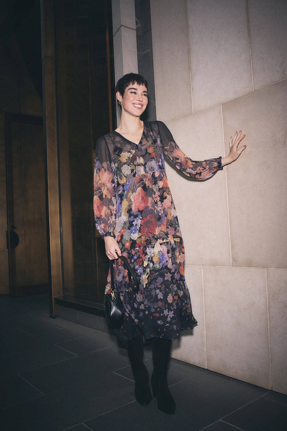 Smooth Layers Georgette Print Dress - Midnight Floral