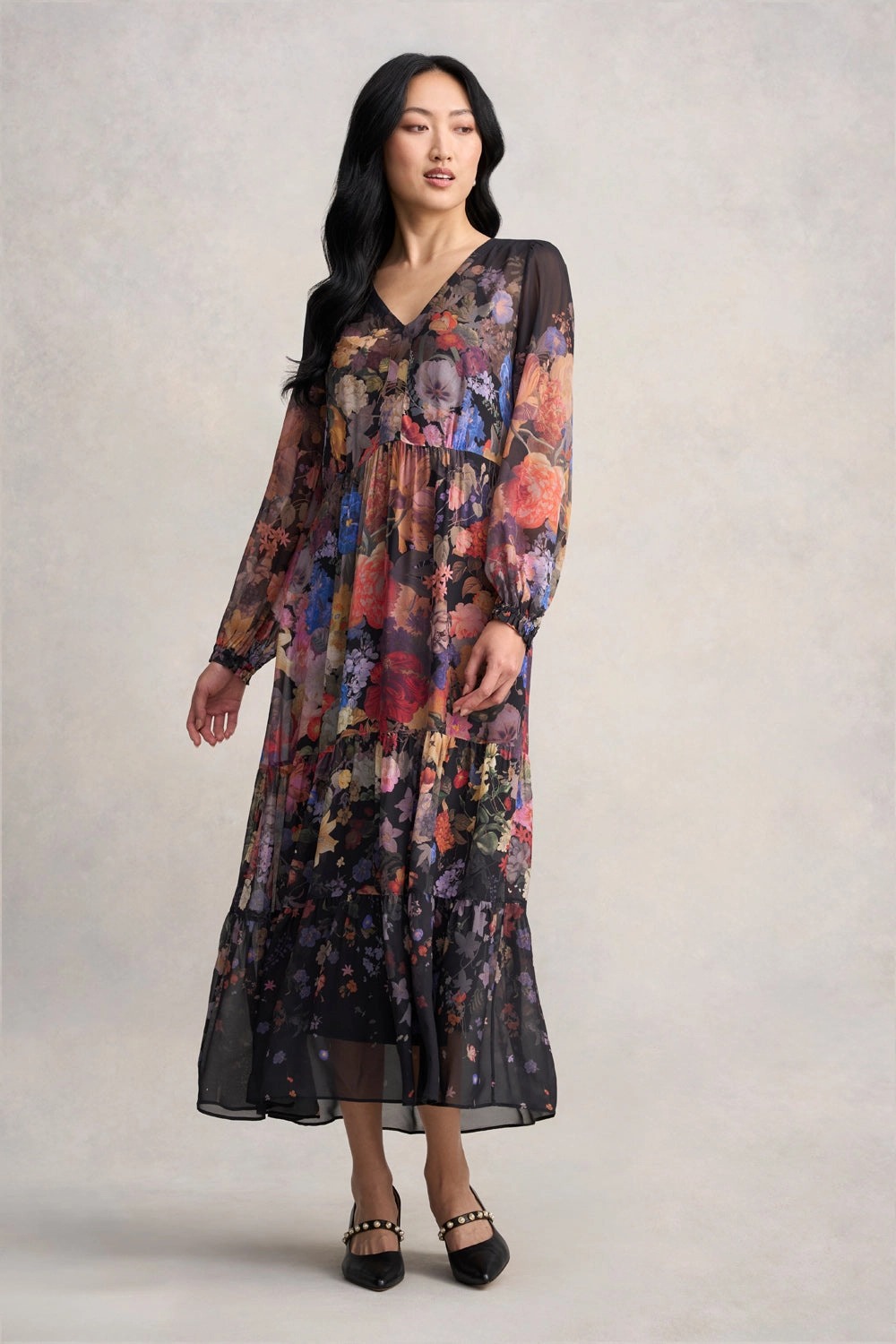 Georgette Print Dress - Midnight Floral Outdoor Scene Flexible Cut
