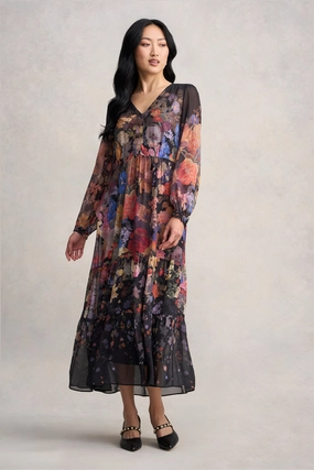 Georgette Print Dress - Midnight Floral Outdoor Scene Flexible Cut