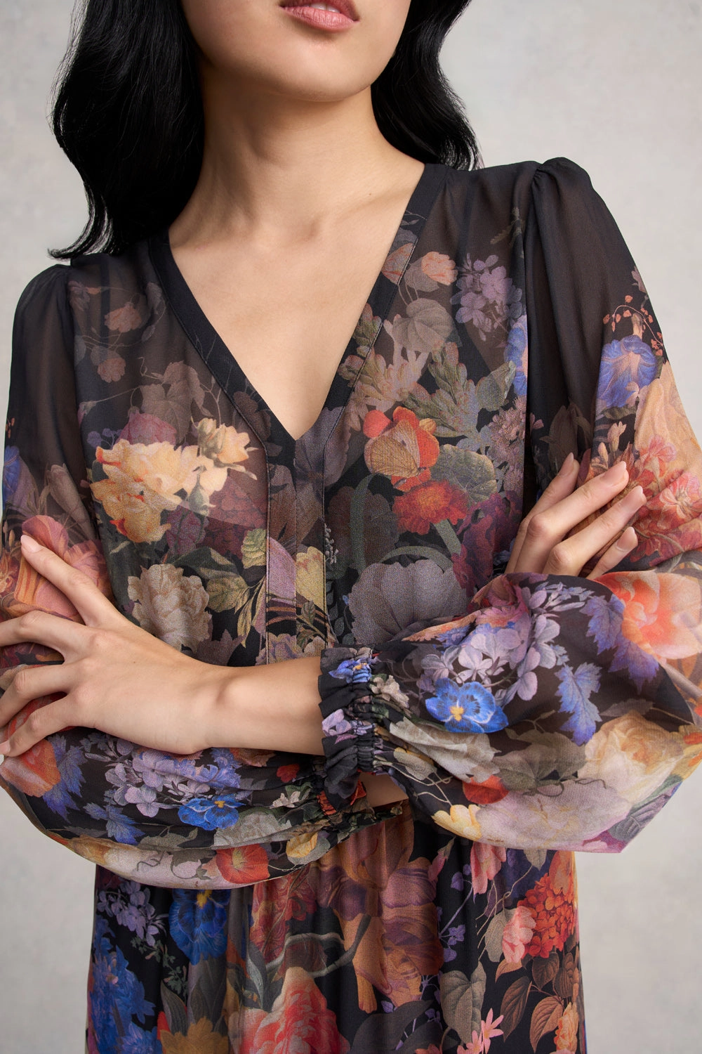 Georgette Print Dress - Midnight Floral Smooth Shape Front-Zip