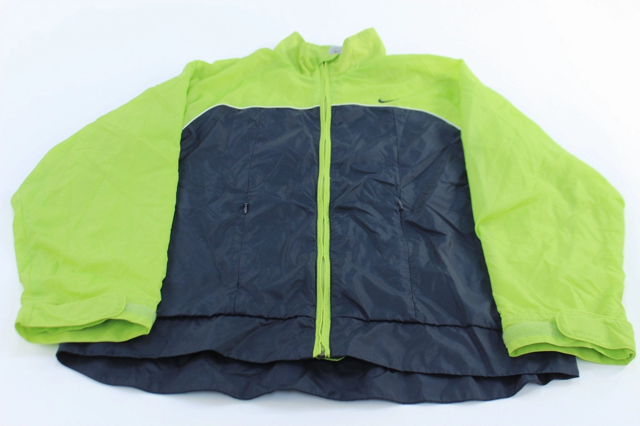 Women's Nike Embroidered Logo Blue & Green Zip Up Jacket Quick Adjust Straps Soft Shell Material