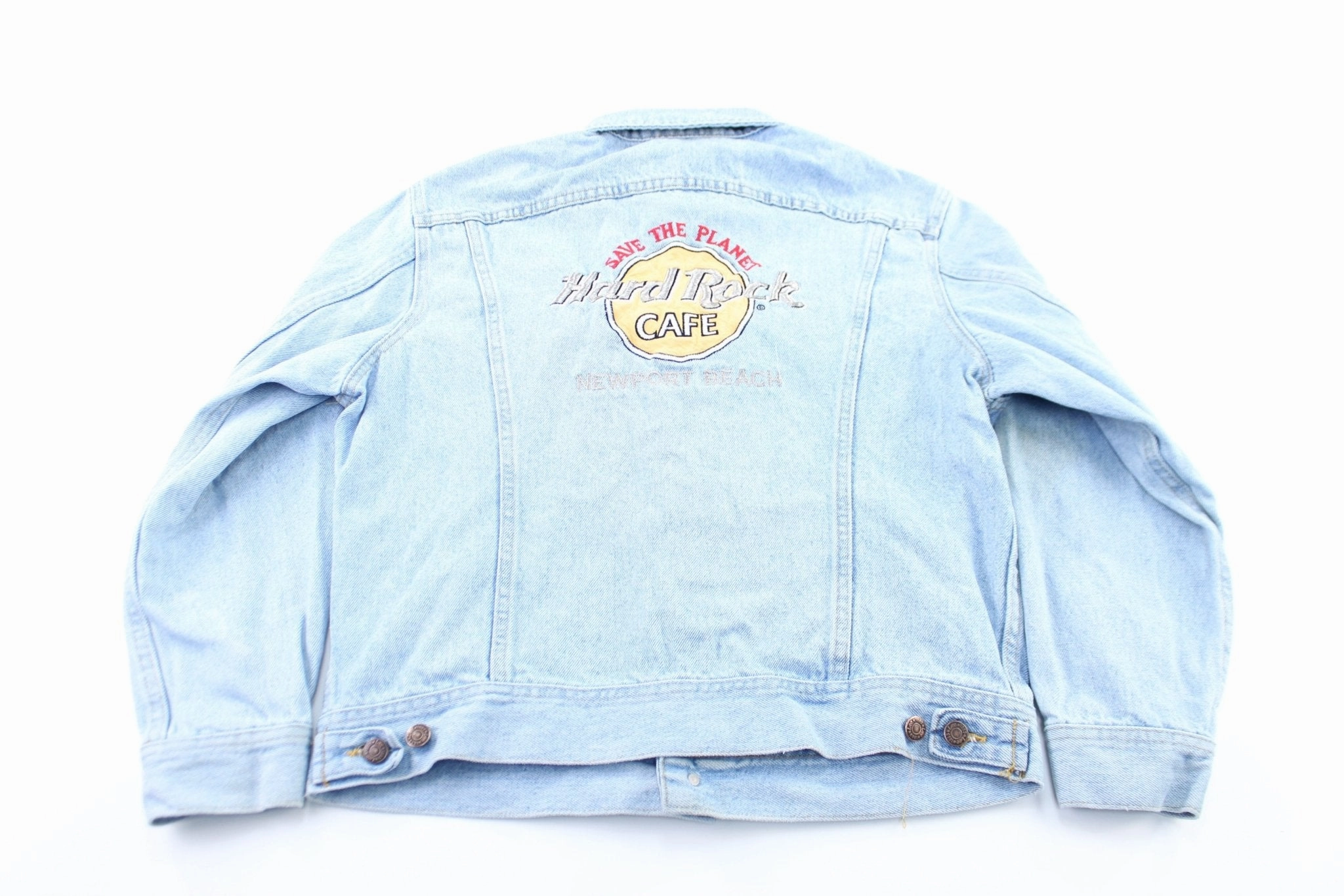 Hard Rock Cafe Embroidered Newport Beach Light Wash Denim Jacket Trail Travel Winter Outer Layer