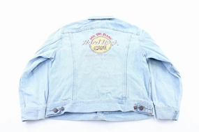 Hard Rock Cafe Embroidered Newport Beach Light Wash Denim Jacket Trail Travel Winter Outer Layer