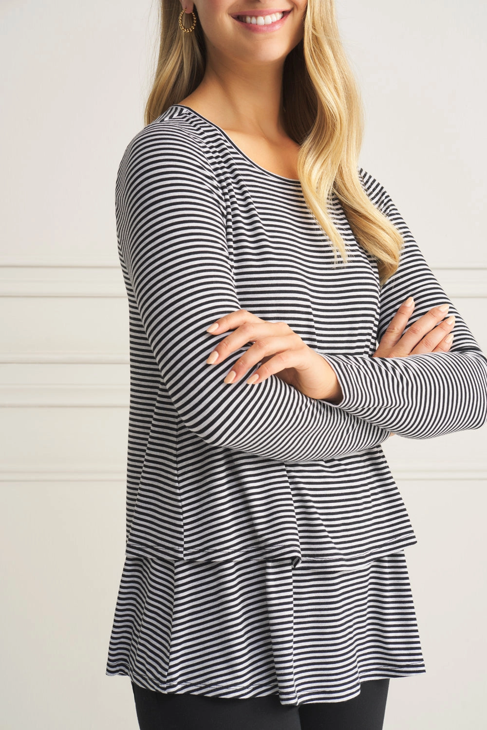 SelfFabric Binding Silicone Print Detail Long Sleeve Layered Tee - Black & Grey Stripe