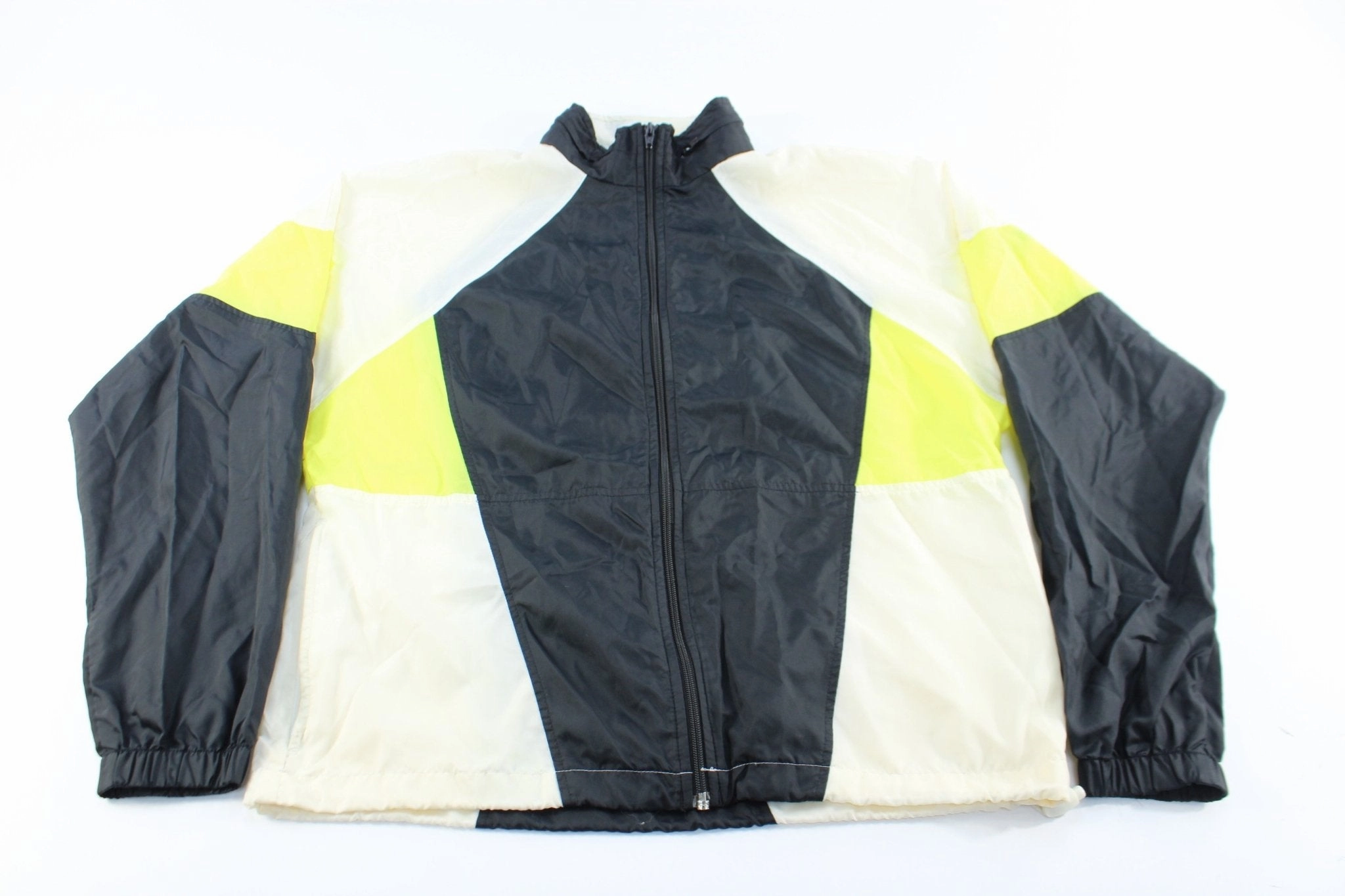 90's Nike Logo Black, White, & Neon Zip Up Jacket Hooded Storage Compartment swimmers
