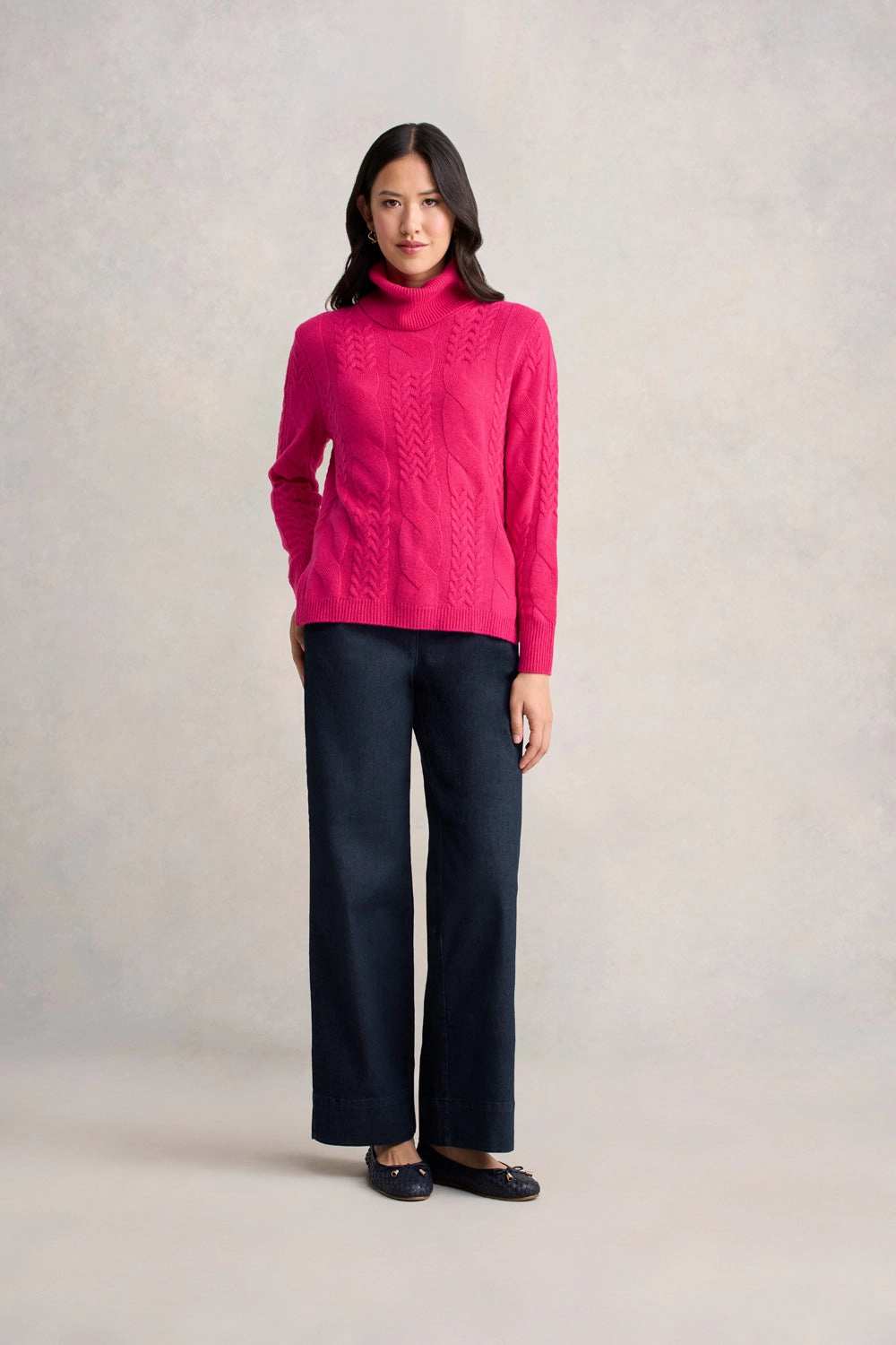 Roll Neck Cable Knit - Hot Pink Lightweight Jersey Material Seasonal Wear