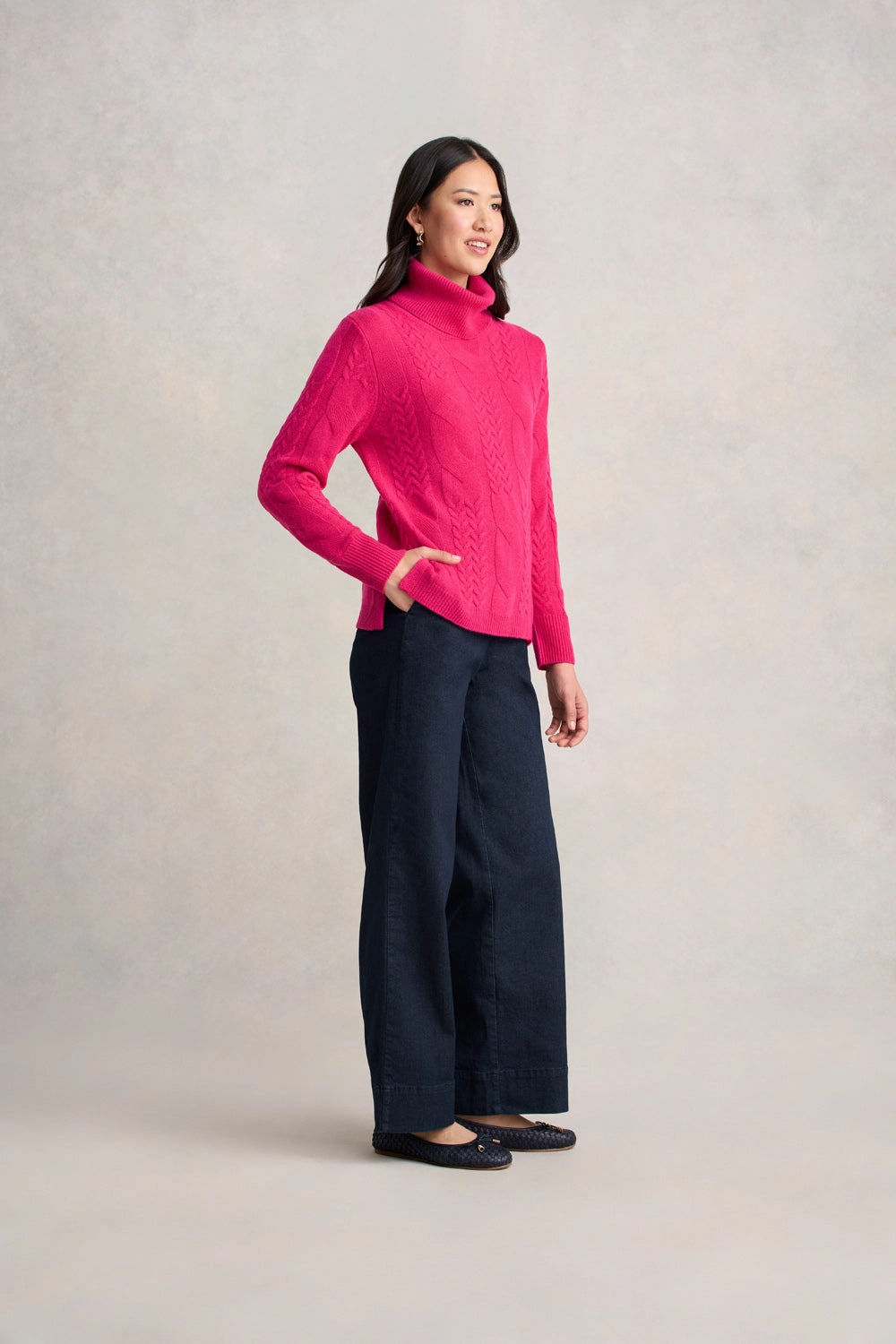 Roll Neck Cable Knit - Hot Pink Fresh Outfit Easy Layering