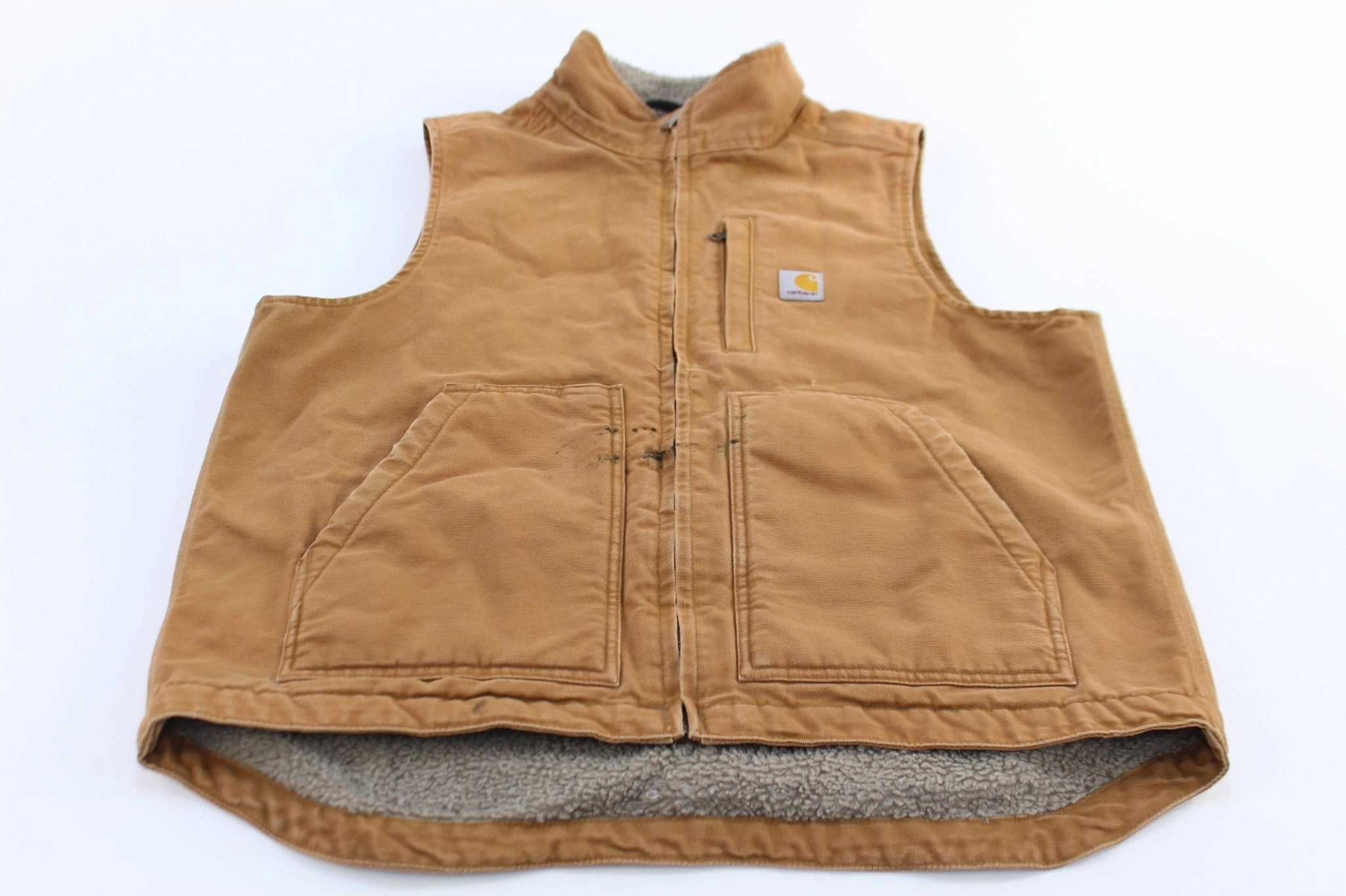 Outerwear QuiltedPattern Carhartt Logo Patch Tan Sherpa Lined Loose Fit Vest
