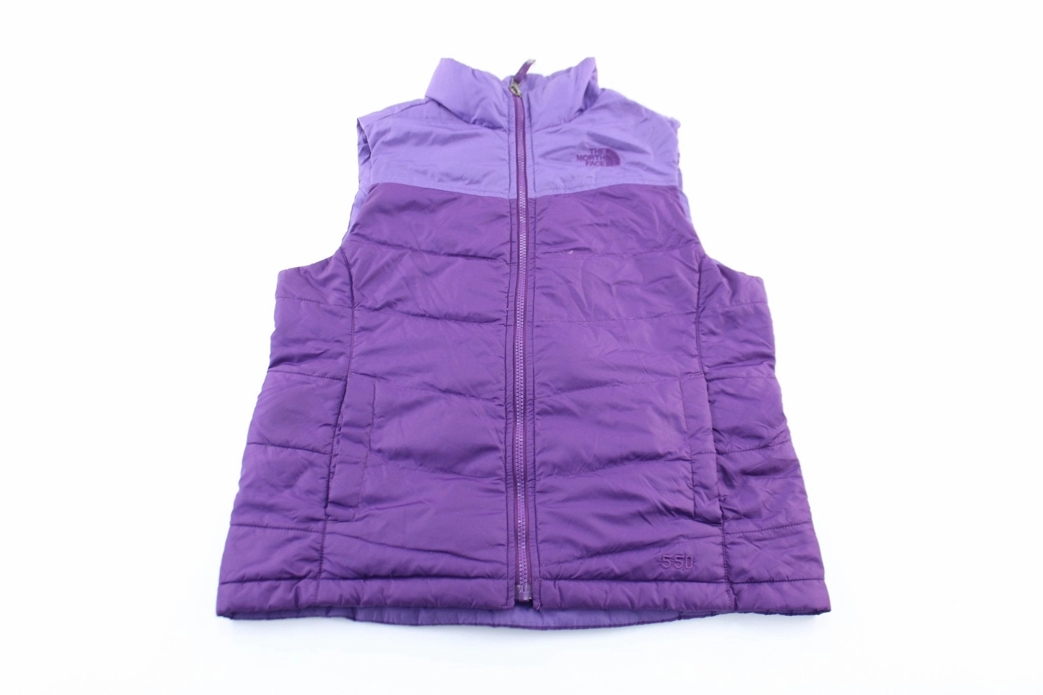 Girl's The North Face 550 Embroidered Purple Zip Up Vest autumn season pattern - mixing