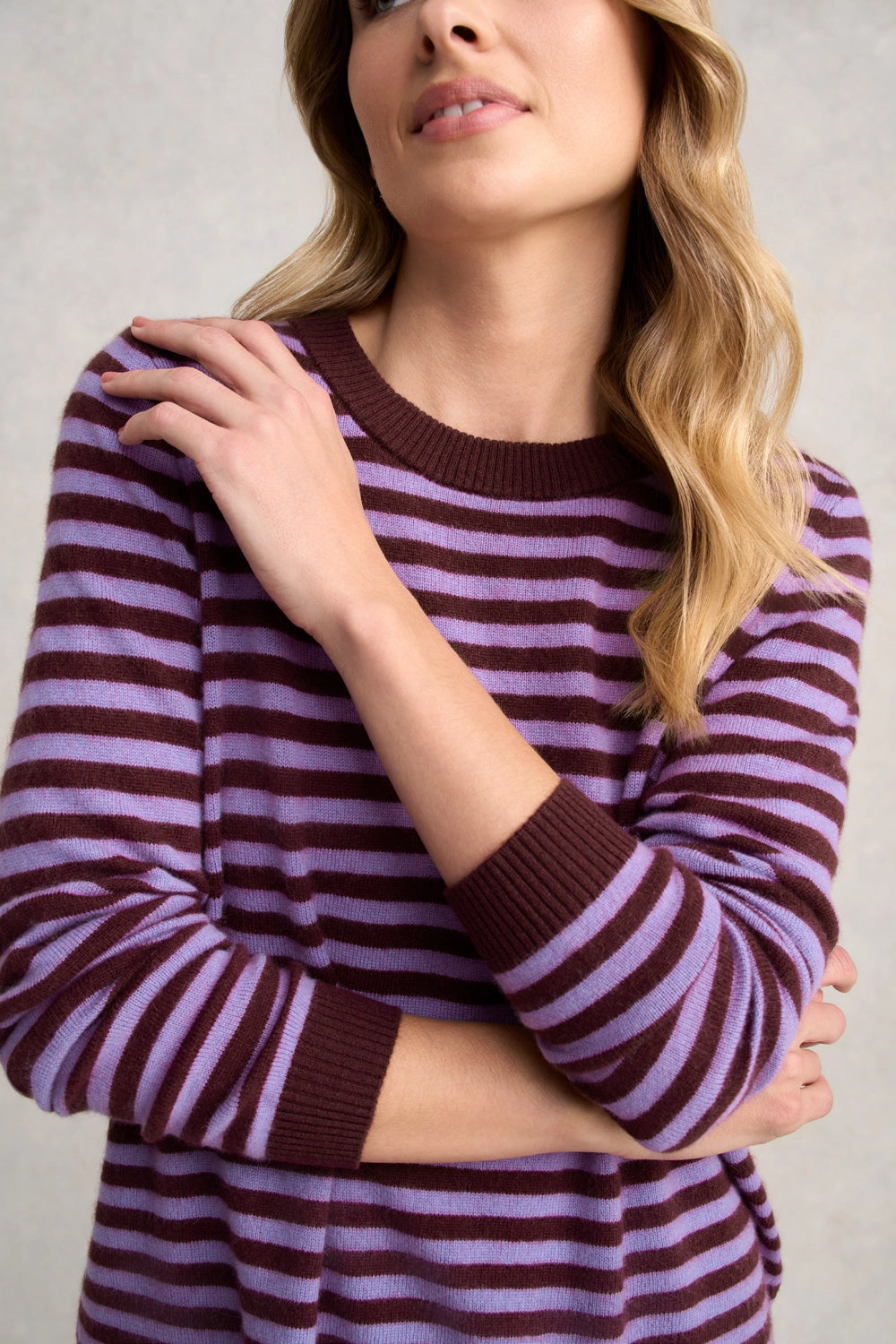 Machine Washable Design Cashmere Blend Crew Neck Jumper - Violet Stripe