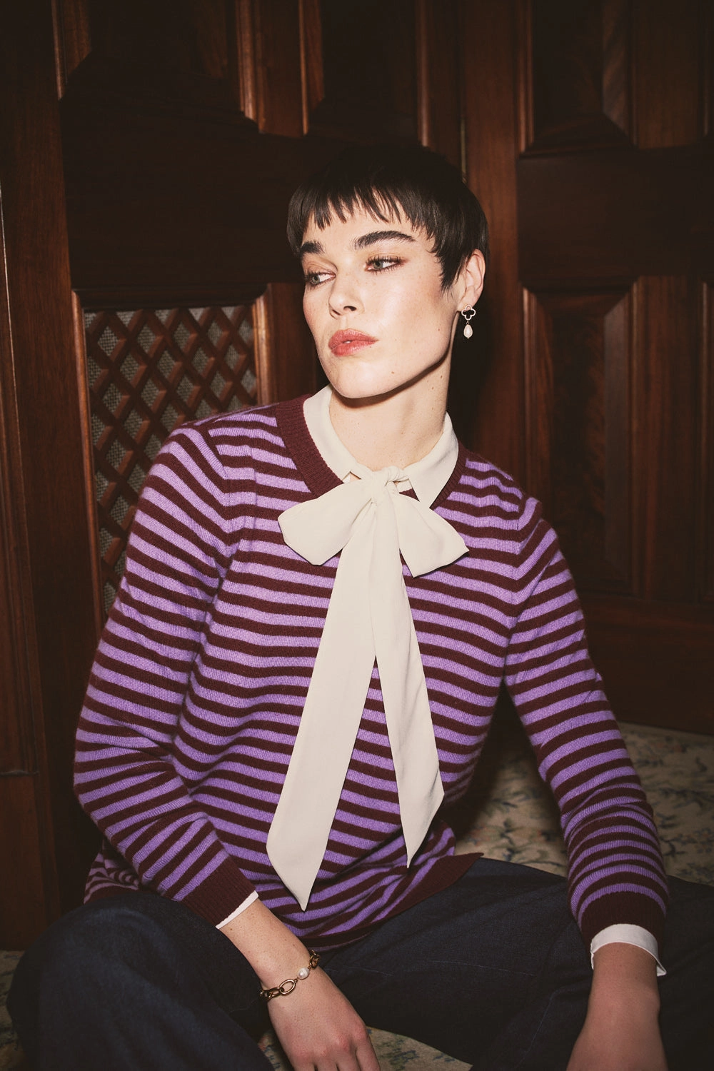 GarmentDyed Effect Ventilated Armhole Design Cashmere Blend Crew Neck Jumper - Violet Stripe