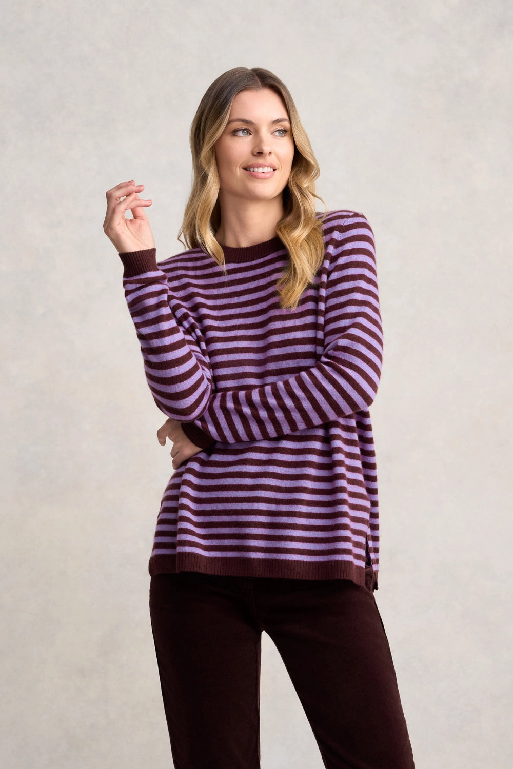 Cashmere Blend Crew Neck Jumper - Violet Stripe Circular Knit Technique StaticFree Material