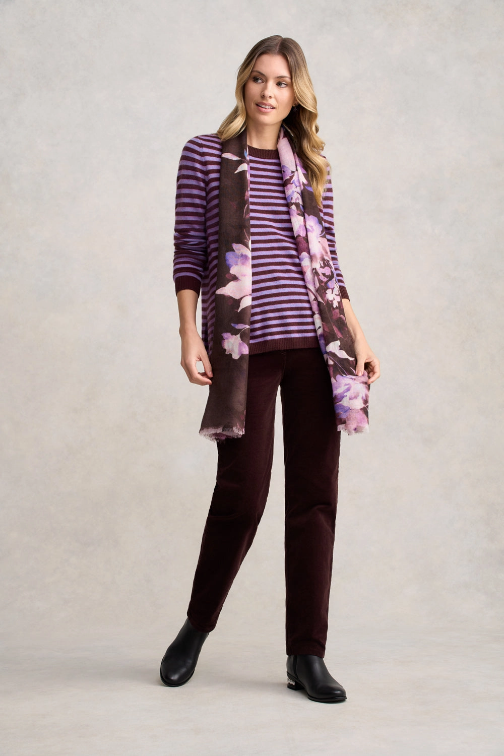 Office Trend Ribbed Collar Design Cashmere Blend Crew Neck Jumper - Violet Stripe