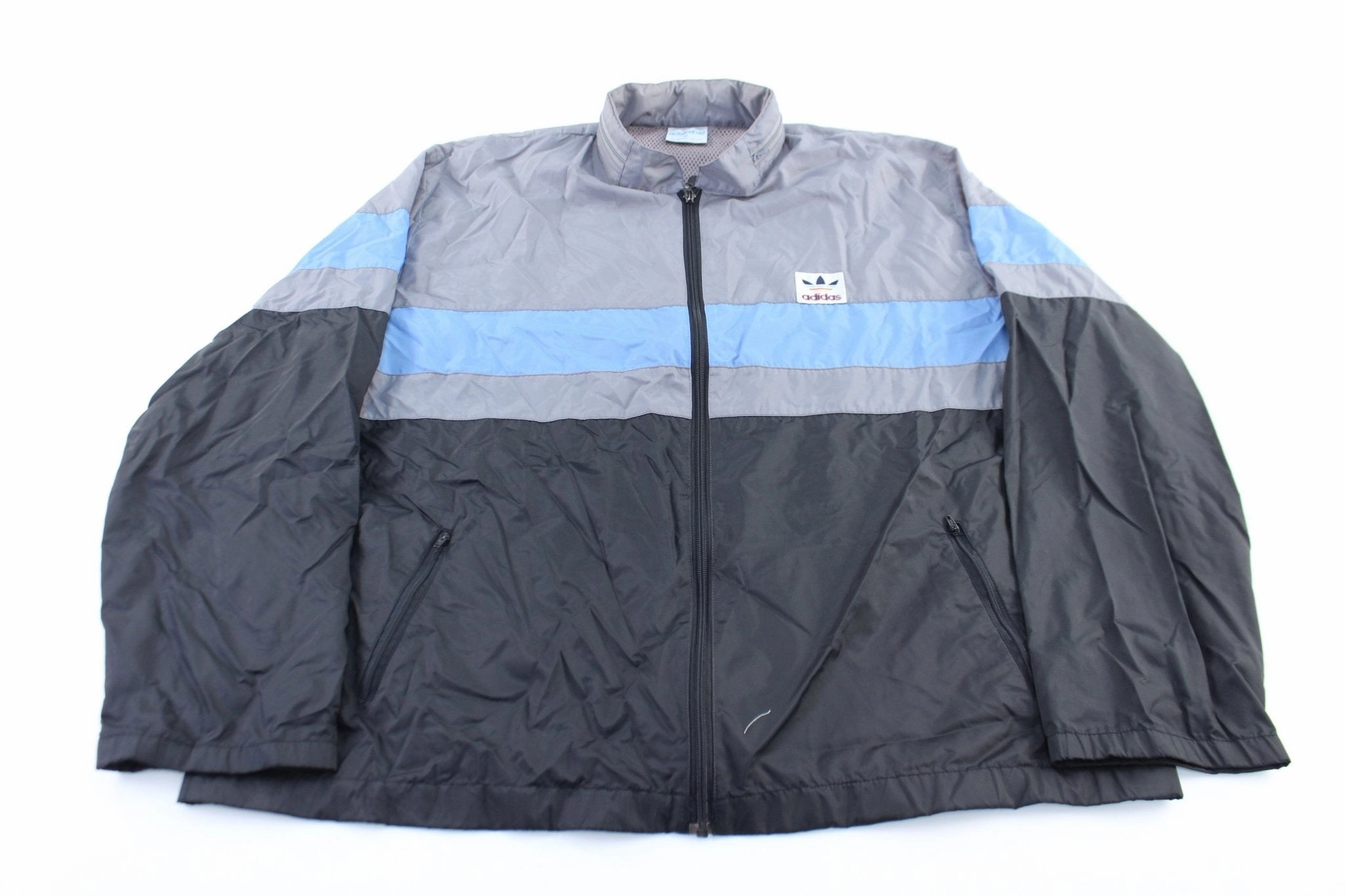 Shaving-cream Softshell Fabric Technology 80's Adidas Logo Black, Blue, & Grey Zip Up Jacket