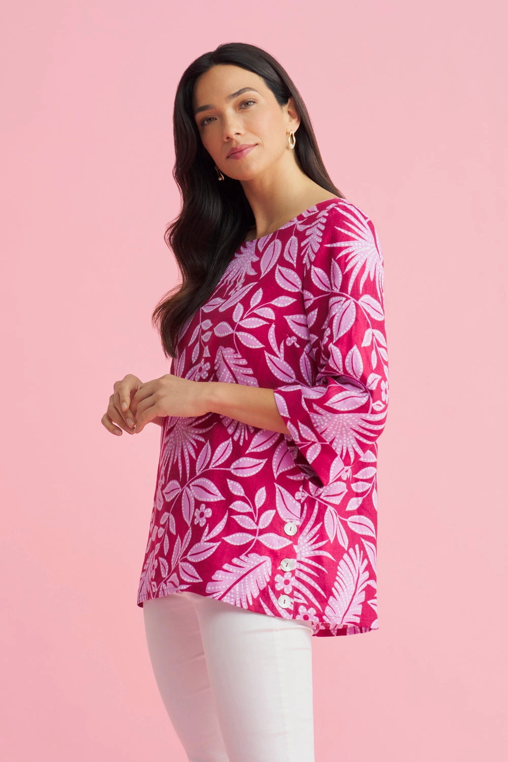 Relaxed Sweatshirt MultiPocket Configuration French Linen Button Detail Top - Holiday Print