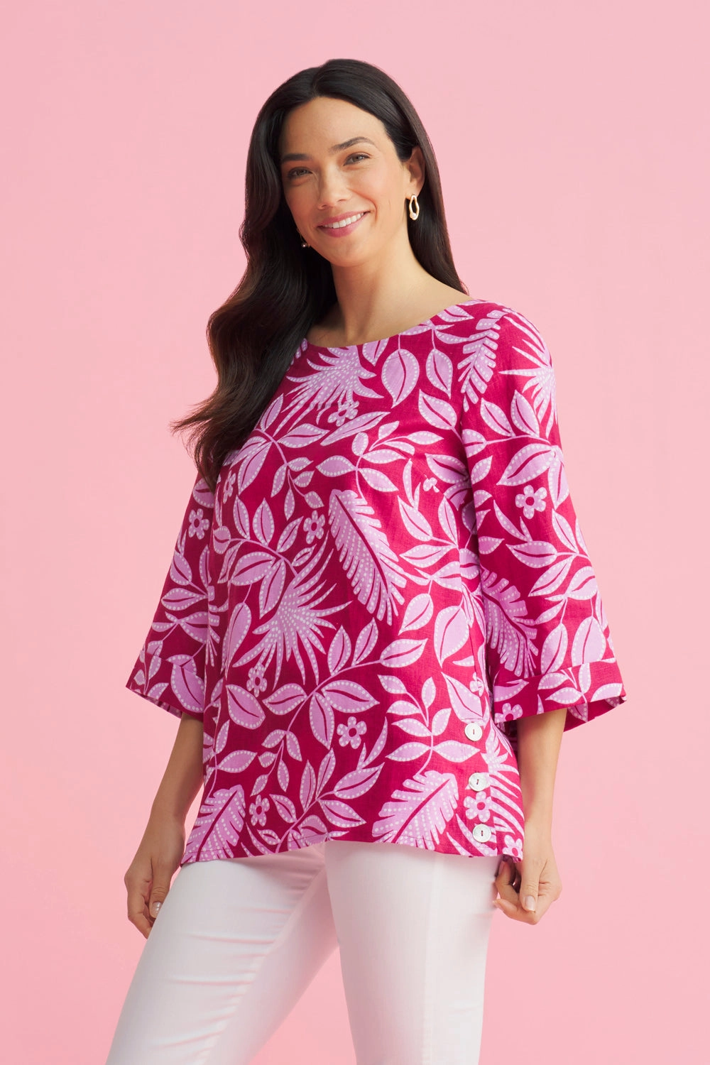 Raw Edge Finish VersatileLayering French Linen Button Detail Top - Holiday Print