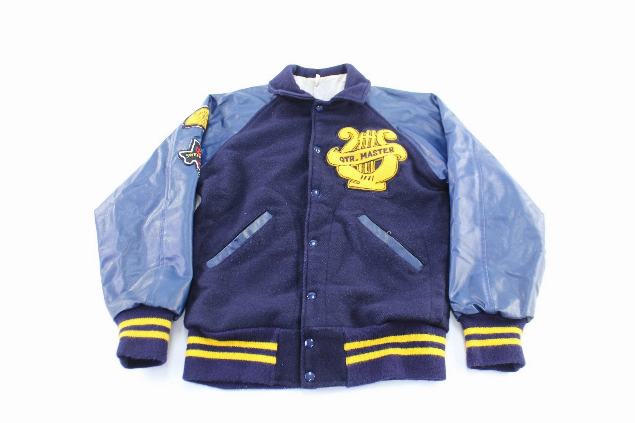 70's QTR Master Blue & Yellow Leather Varsity Band Jacket Soft Shell High-quality