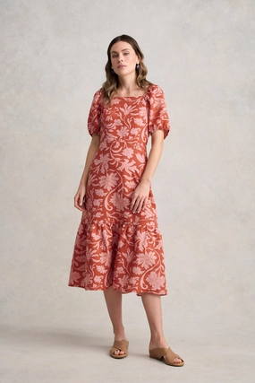 vacation look Linen Blend Printed Midi Dress ?C Rosewood Print