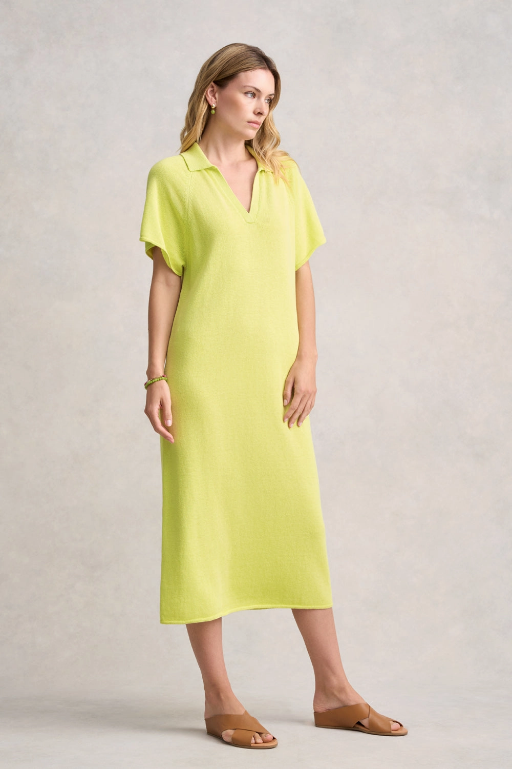 Linen Cotton Knit Dress - Bright Lime Layered Comfort Wear Easy Going