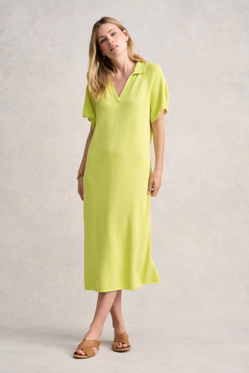 Casual Waist Linen Cotton Knit Dress - Bright Lime