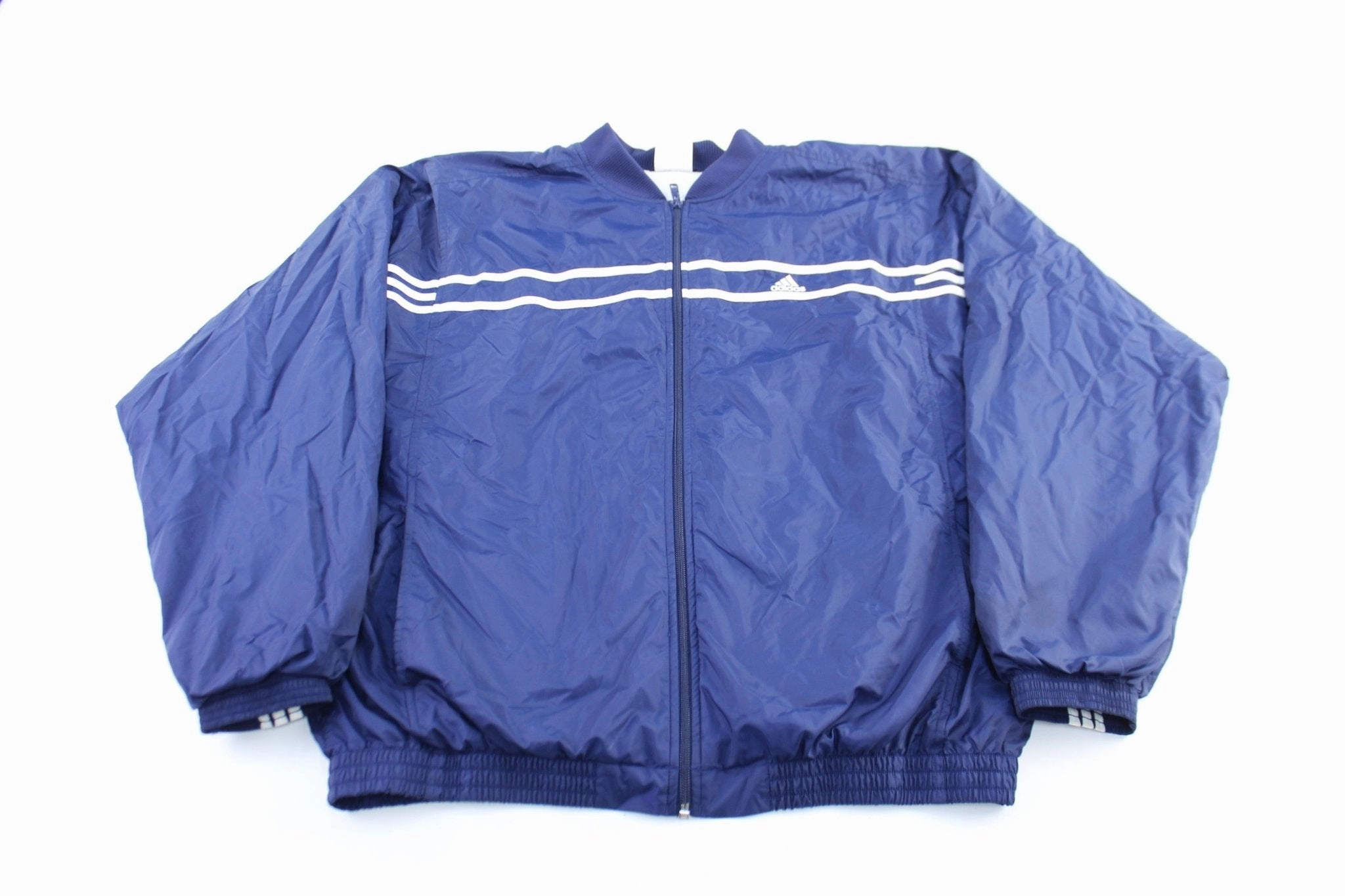 Adidas Embroidered Logo Navy Blue & White Striped Zip Up Jacket Ergonomic Stitching Trunk