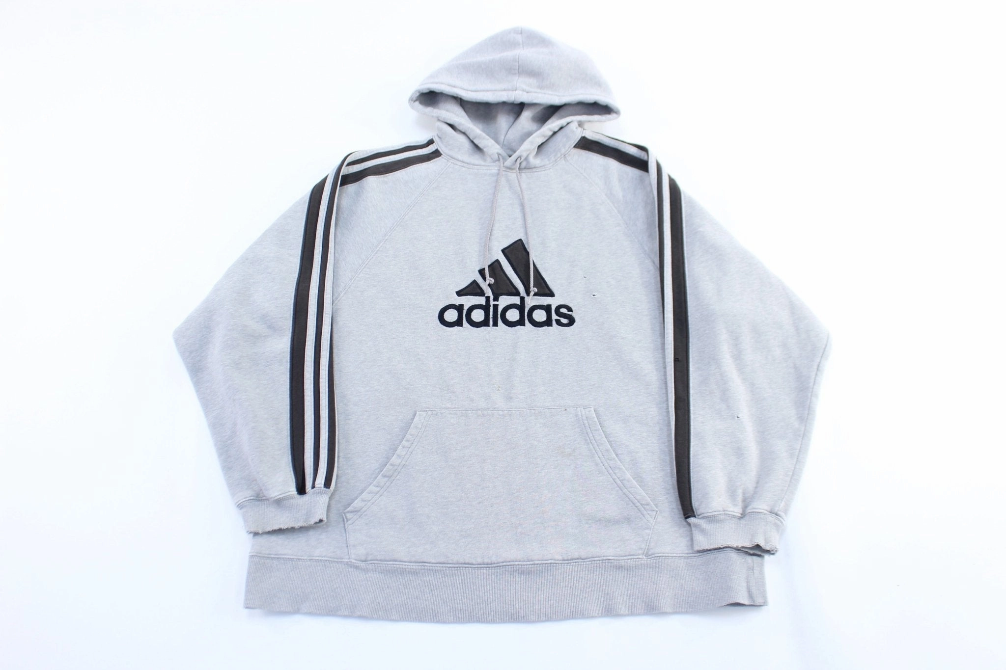Vintage Adidas Embroidered Logo Grey & Black Striped Pullover Hoodie Fantasize Discover