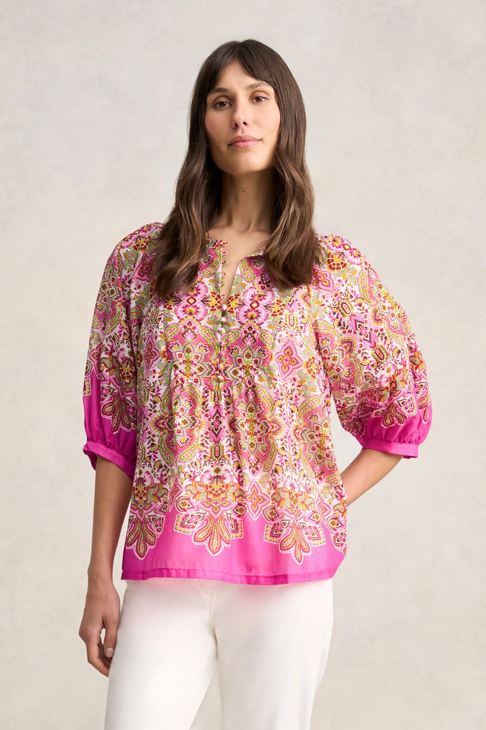TonalStitching Fitted Blouse Cotton Blouse - Moroccan Tile Print