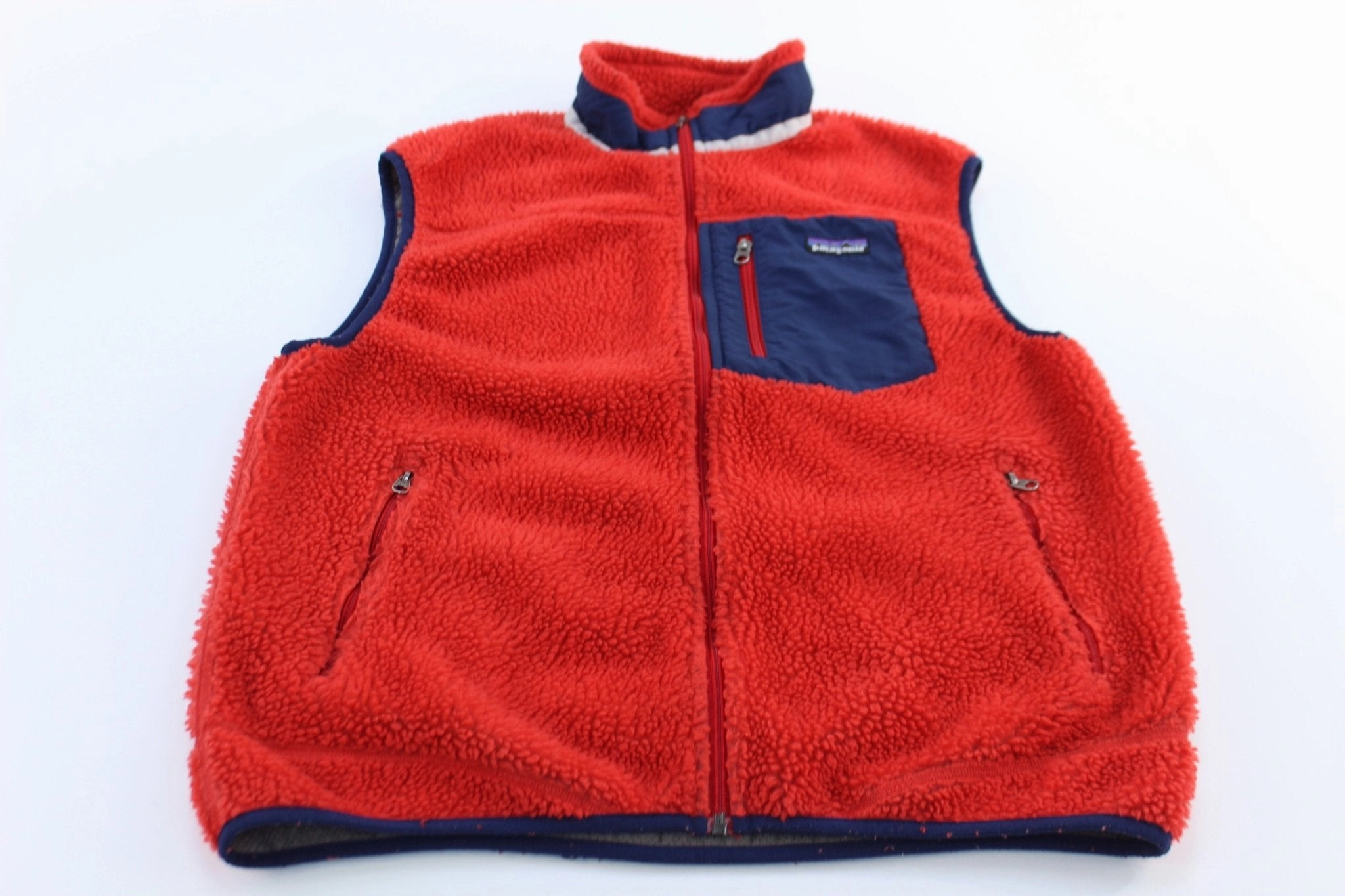 Patagonia Logo Patch Red & Blue Sherpa Zip Up Vest Project suitable for formal meetings