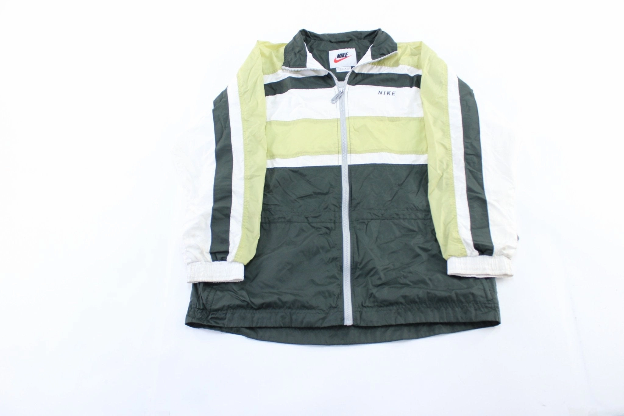 Articulated Sleeves Warm Protection Women's 90's Nike Embroidered Logo Green & White Striped Zip Up Jacket