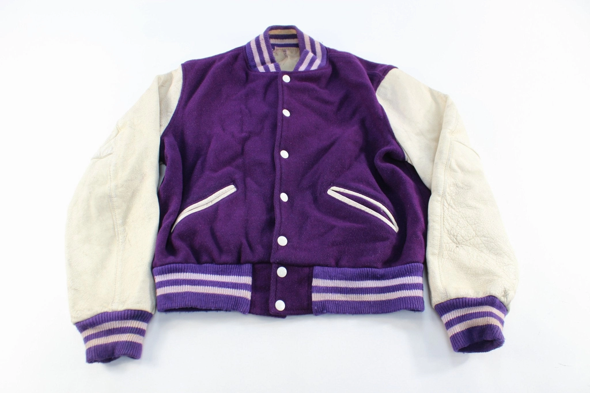 60's Howe Athletic Purple & White Varsity Jacket suitable for gift giving Stretchy