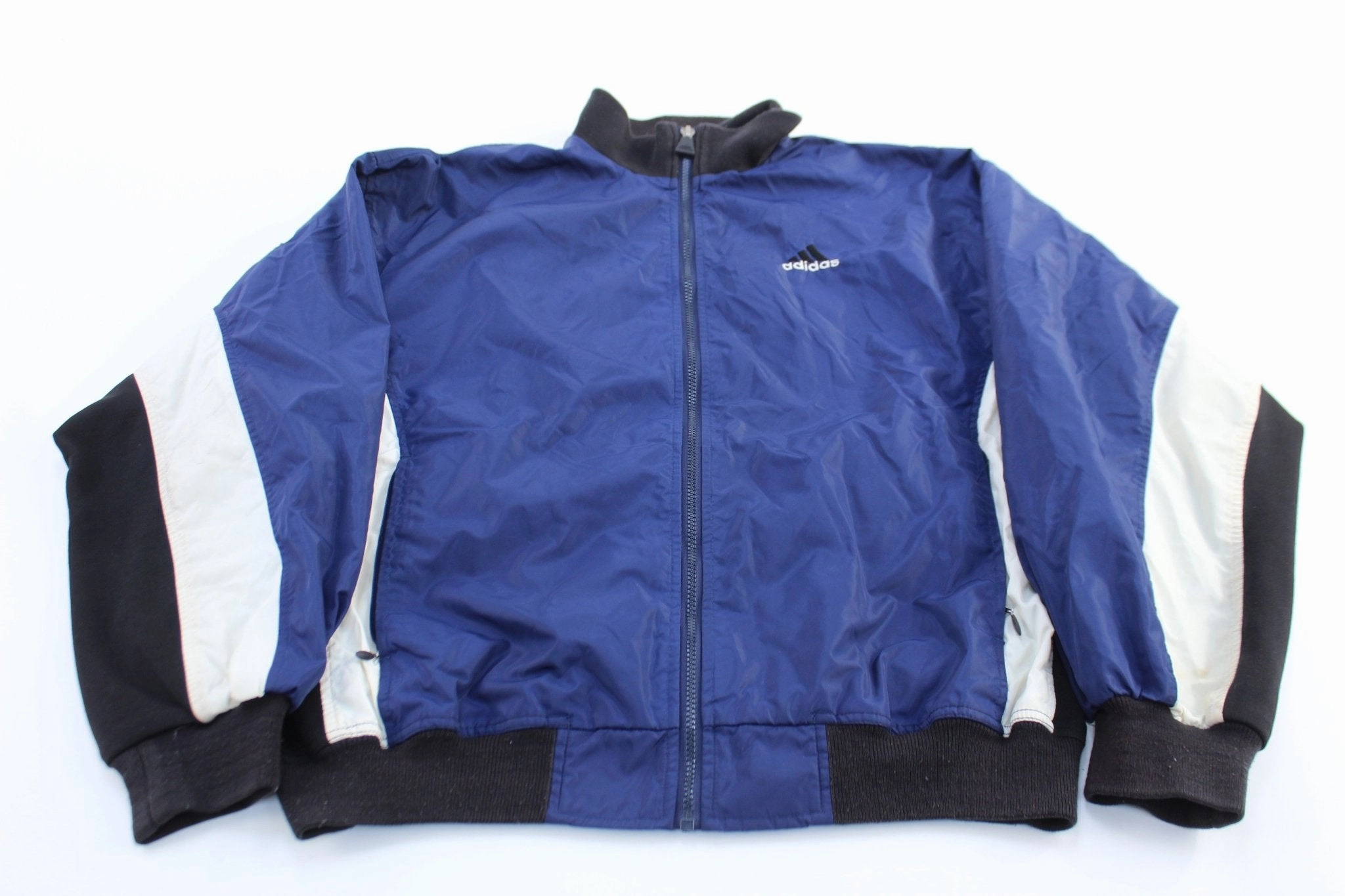 90's Adidas Embroidered Logo Blue, Black, & White Zip Up Jacket business people Speak