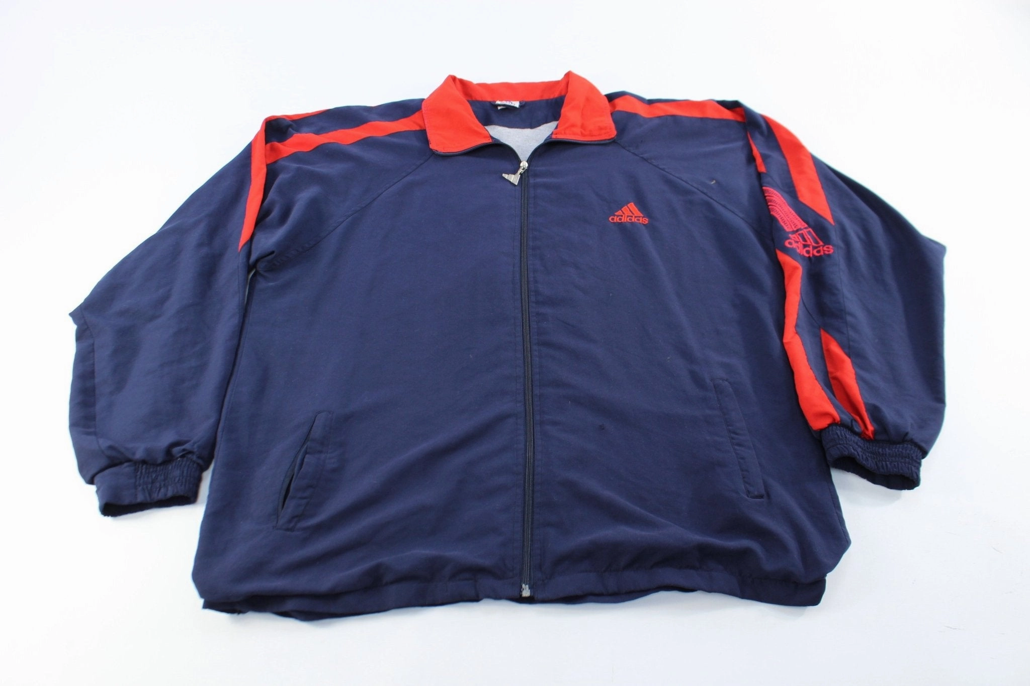 Fleece Lined middle aged people Adidas Embroidered Logo Navy Blue & Red Striped Zip Up Jacket