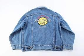 Hard Rock Cafe Boston Embroidered Denim Jacket Smooth Surface Double Layered Cuffs