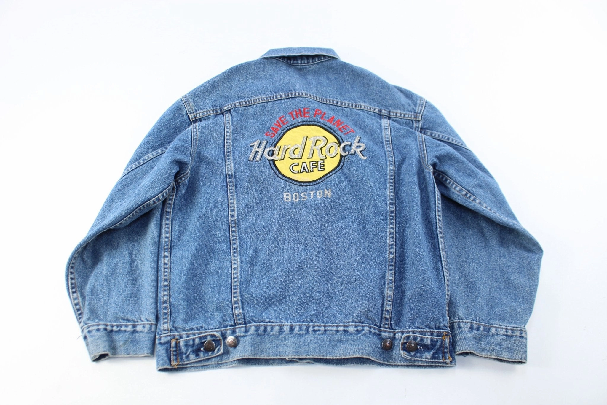 Hard Rock Cafe Boston Embroidered Denim Jacket Smooth Surface Double Layered Cuffs