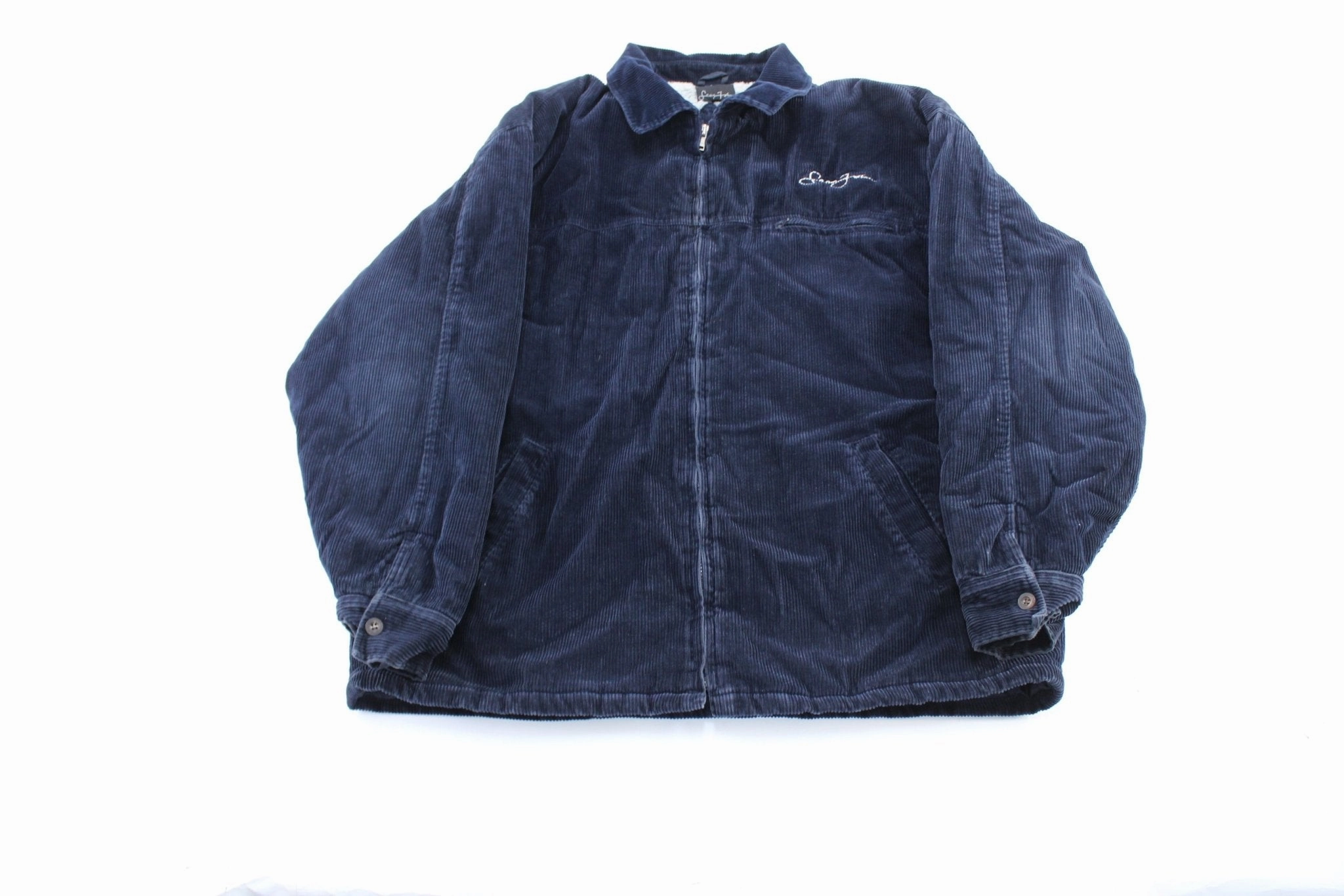 Sean John Embroidered Navy Corduroy Sherpa Lined Zip Up Jacket Ultra Thin Insulation Flexible Shoulder Seams